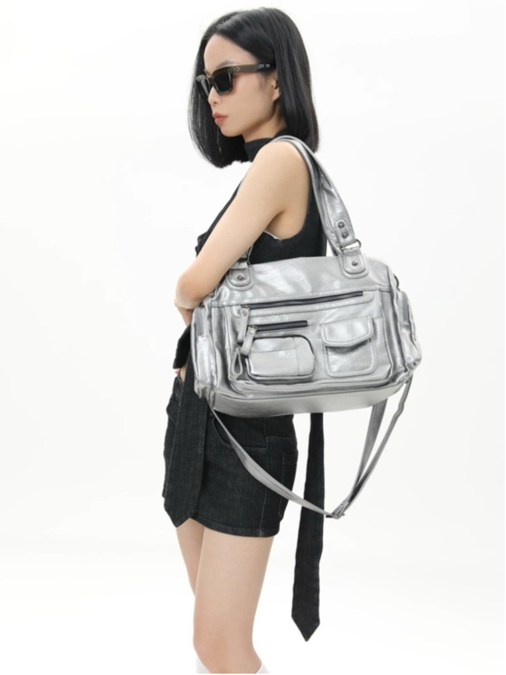 Y2K Metallic Silver Multi-Pocket Shoulder Bag/Crossbody Bag NWOT Futuristic - Picture 3 of 7